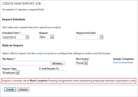 Create New Import Job screen