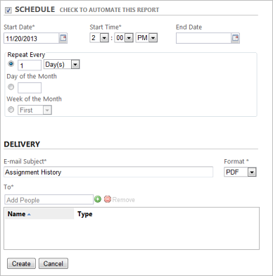 Report scheduling section