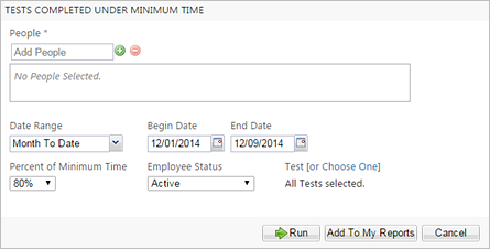Tests Completed Under Minimum Time report parameters